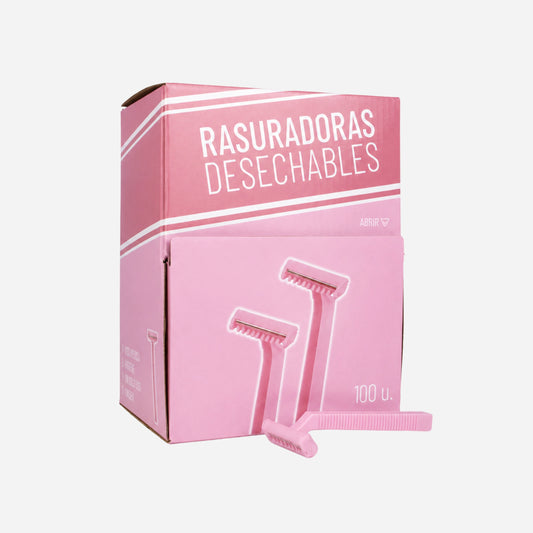 Caja de 100 Rasuradoras Desechables de 2 Hojas color rosa con una rasuradora en detalle en Gran Canaria