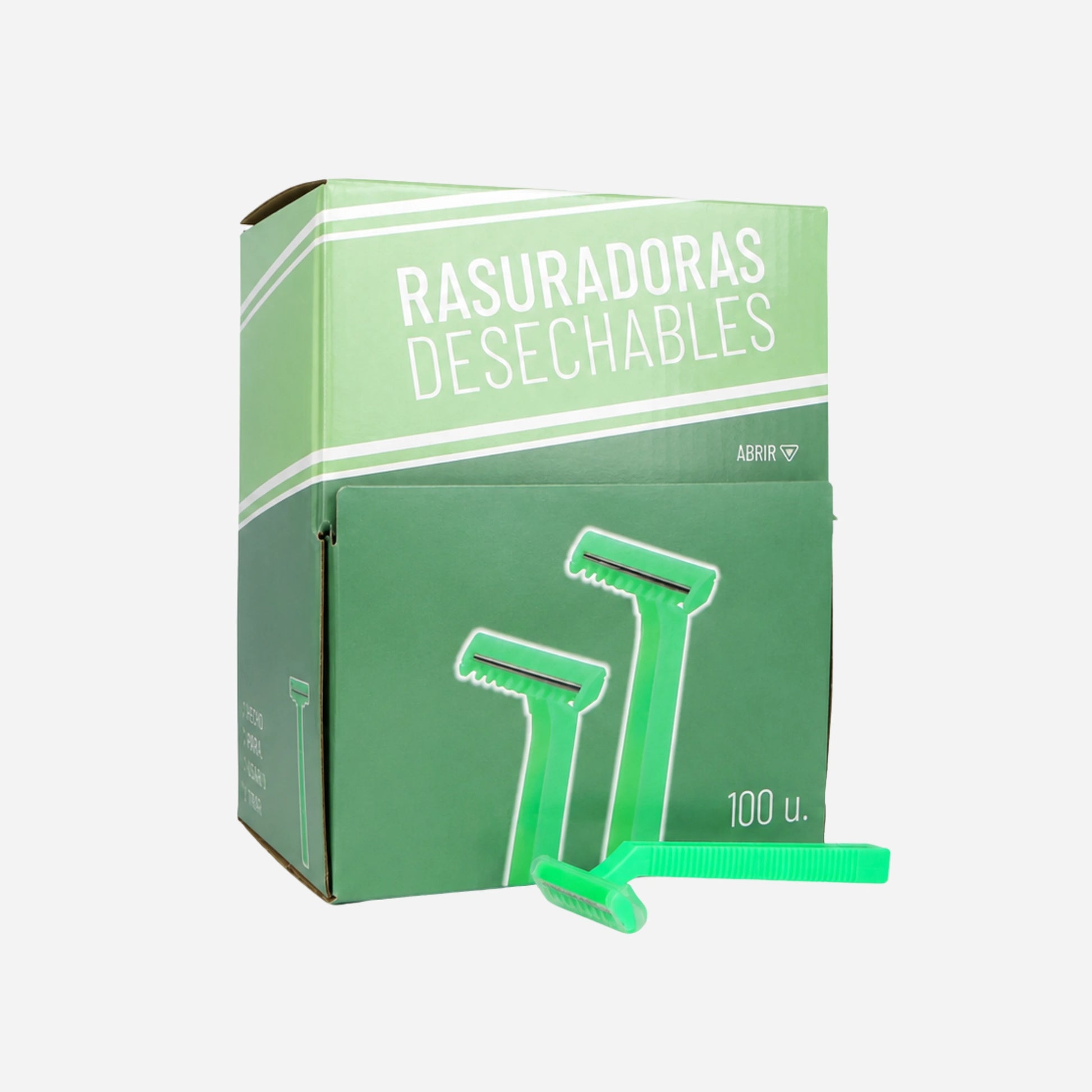 Caja de 100 Rasuradoras Desechables de 2 Hojas color verde con una rasuradora en detalle en Gran Canaria