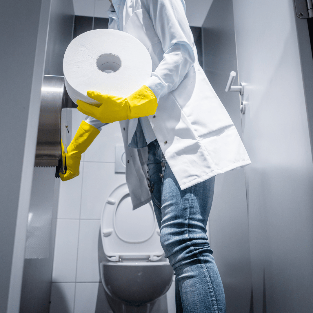 Profesional de limpieza reponiendo bobina de papel higiénico industrial en dispensador.