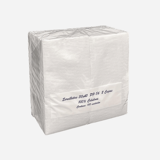 Paquete de 100 servilletas papel 30x40 PP 1/6, blancas y resistentes, ideal para restaurantes, buffets y cafeterías.