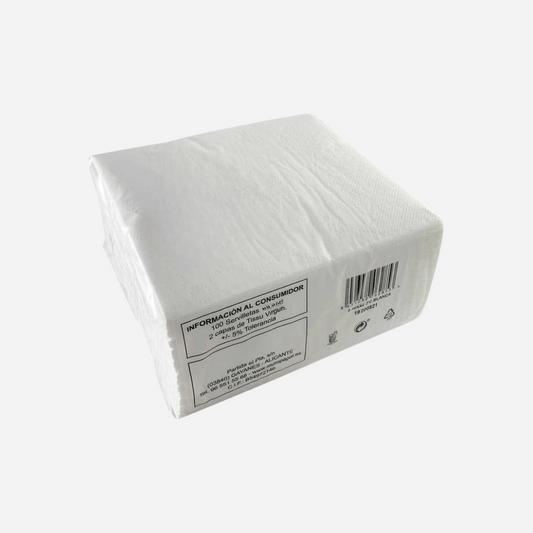 Paquete retractilado de 100 servilletas de papel 40x40 blancas, formato profesional para restaurantes, bares y cafeterías en Canarias.