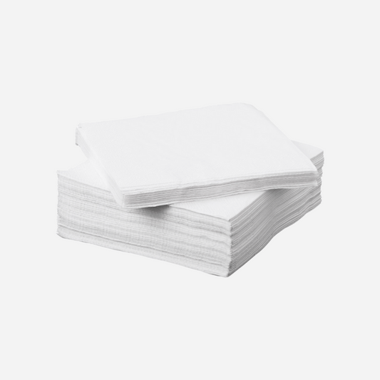 Vista general de servilletas de papel 40x40 blancas, 2 capas en celulosa virgen, ideales para hostelería en Gran Canaria.