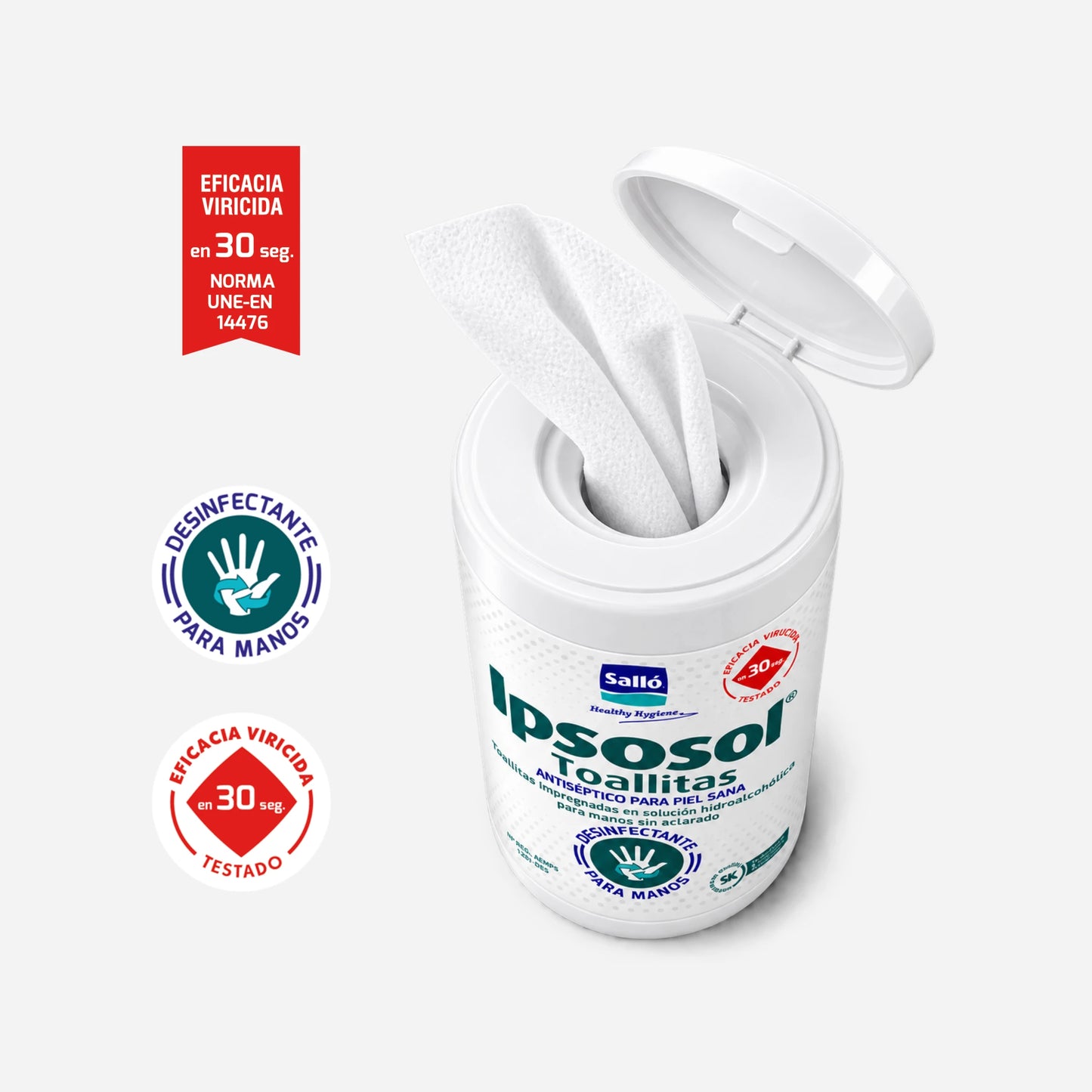 Bote abierto de toallitas antisépticas Ipsosol pack 80 con apertura sellada y una toallita lista para usar, eficacia viricida en 30 segundos, UNE-EN 14476 y desinfectante para manos.